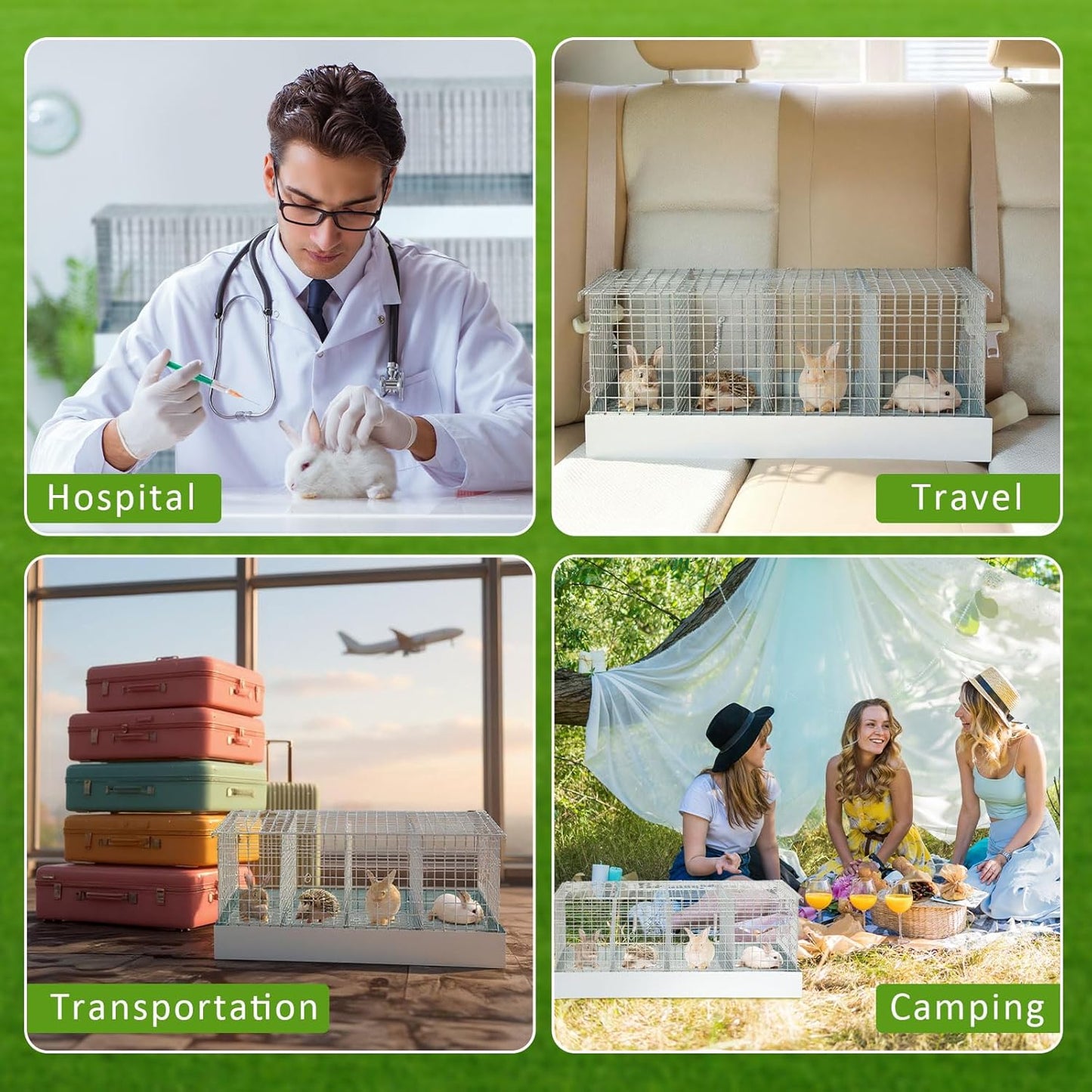 Folding Rabbit Cage, 28 x 16 x 12 in Portable Bunny Carrier with Tray and Handles for Transport, Travel or Temporary Housing, Indoor Outdoor Pet Habitat Animal Enclosure