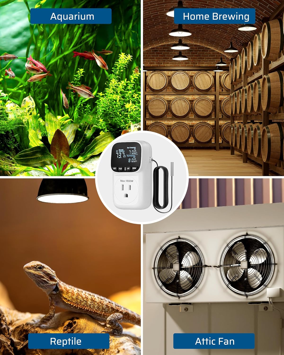 DEWENWILS Digital Temperature Controller, Heavy Duty 15A/1800W Thermostat Outlet Plug, VA Display Heating Cooling Control Timer, -40℉~210℉, Cyclic Timing/Countdown, for Greenhouse Incubator Homebrew