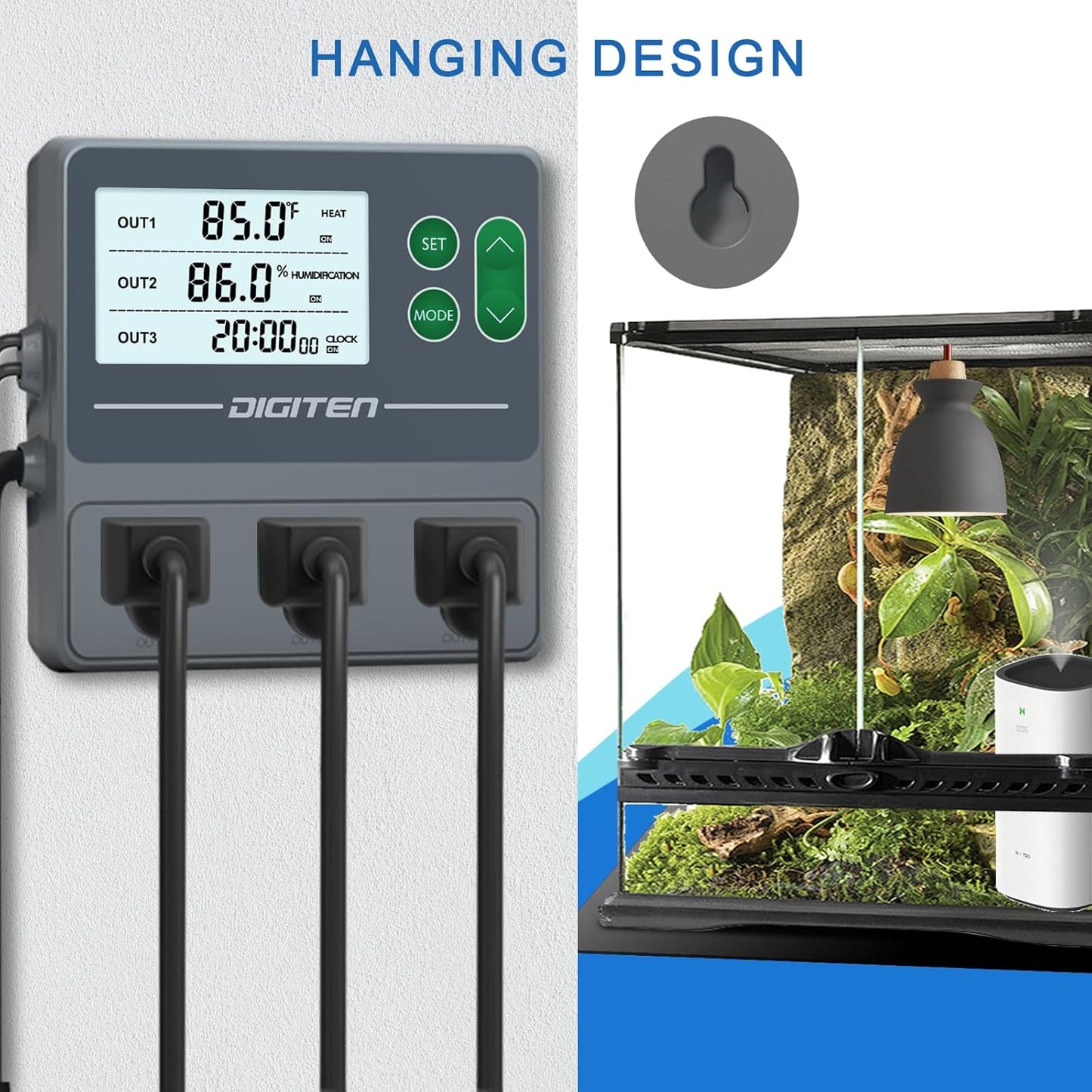 DIGITEN Temperature and Humidity Controller with Timer - 3 Outlet, 2 Separate Probes, Plug in Temperature Controller for Reptiles,Snake, Mushrooms, Tent, Triple Control for Temp,Humidity,Time