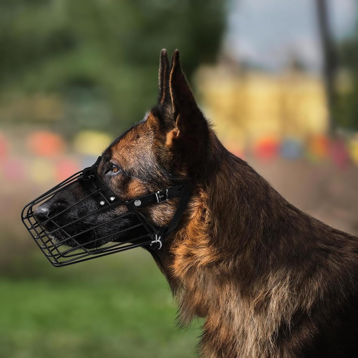 German Shepherd Dog Muzzle Metal Basket for Medium Large Dogs Adjustable Durable Leather Straps Secure Wire Mask for Biting Chewing Barking (Black, L - Size)