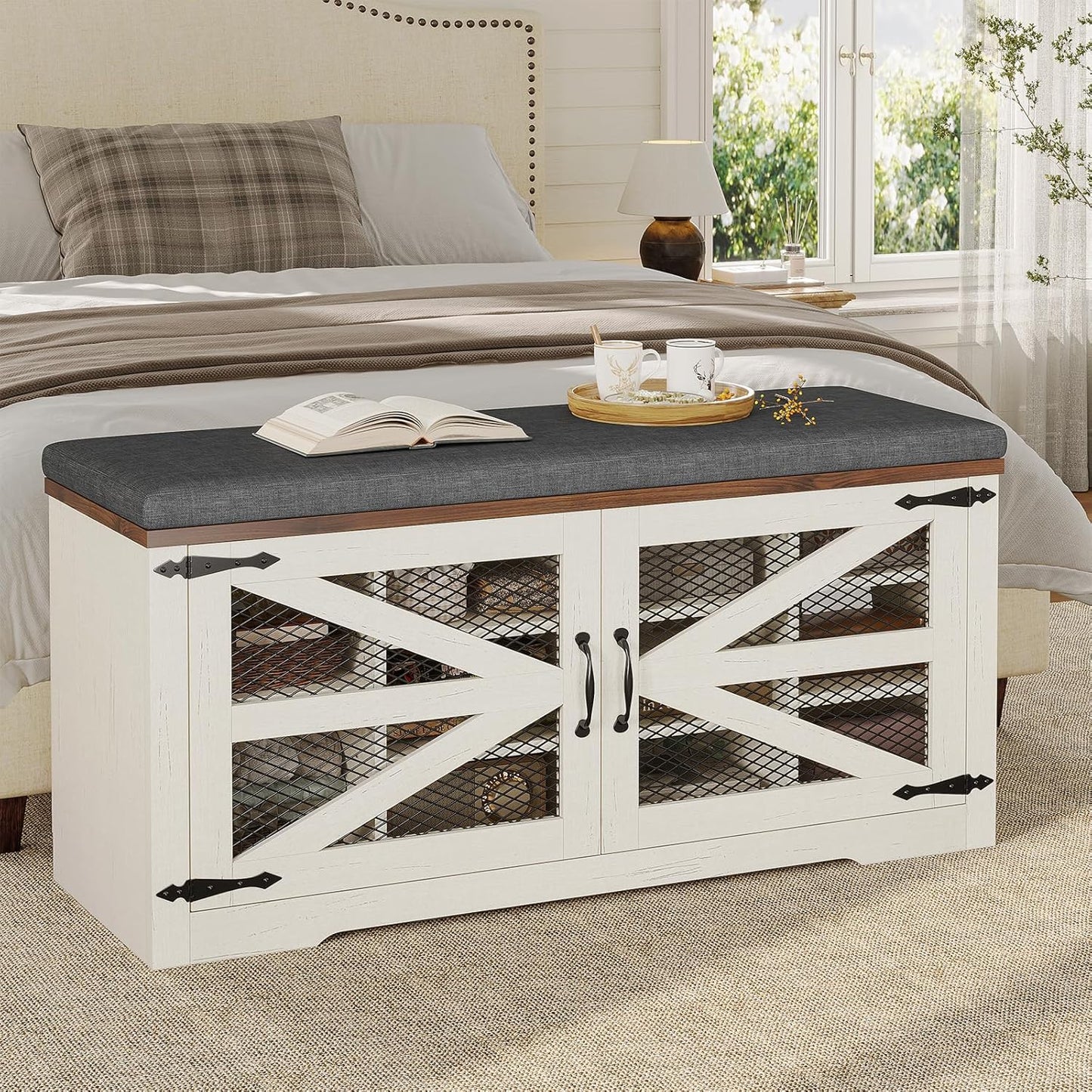 Farmhouse Storage Bench with Cushion, Metal and Wood Shoe Rack Organizer, Adjustable Shelf, Shoe Cabinet with Half Hidden Storage Space, for Entryway, Bedroom, Living Room (Old White, 43.3in)