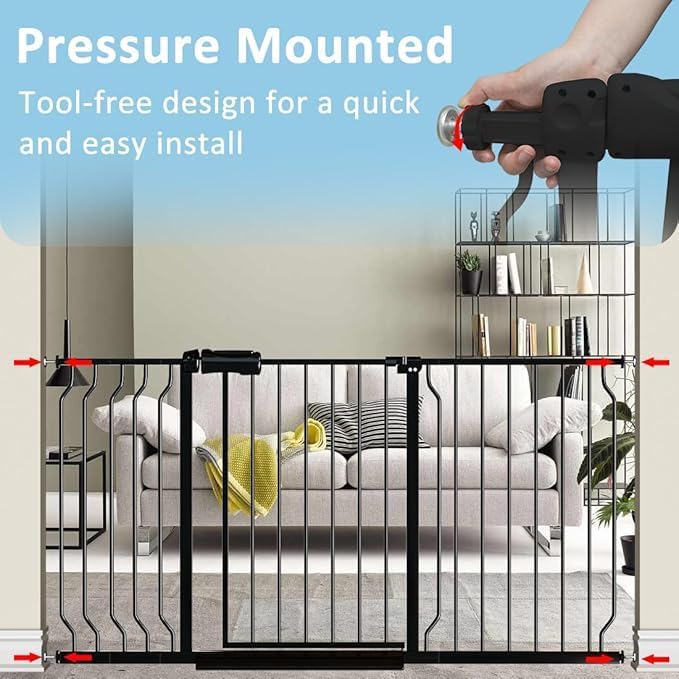 62.2"-71.65" Extra Wide Auto Closing Baby Safety Gate for Stairs & Doorways, Pressure Mounted No Drill Pet Gate with Walk-Through Door - Heavy Duty Childproof Gate for Toddlers, Kids, Dogs (Black)