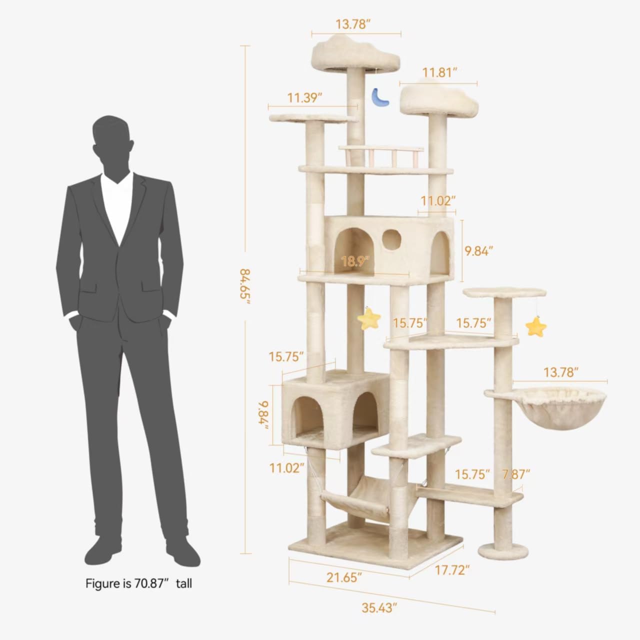 85inch Heavy Duty Cat Tree for Indoor Cats Large Adult, Tall Giant Cat Tower with Scratching Post, Large Perches, Cozy Cat Condos & Hanging Hammocks, Beige