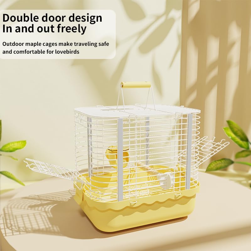 Bird Carrier Travel Cage, Durable Portable Stainless Steel Birdcage with Bird Perch & Feeding Bowl for Parrots Canaries Budgies Lovebirds Conures Cockatiels (Small Yellow)