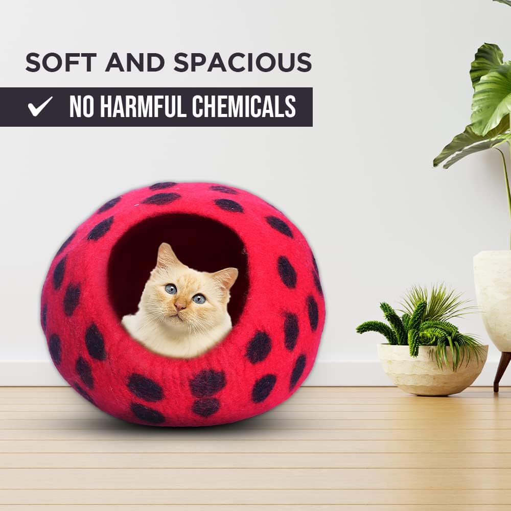 Woolygon Premium Felt Cat Cave Bed - Polka Dot Series - Wool Kitty Beds Handcrafted Kitten Caves Bed for Indoor Cats - Eco-Friendly Merino Wool, Foldable Cat Hideaway Cat Houses (Red/Black Dots)