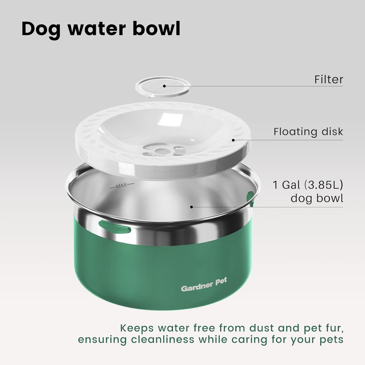 Gardner Pet Dog Bowls 1 Gallon (3.85L) Stainless Steel No Spill Dog Water Bowl, Slow Water Feeder Metal Bowls, Spill Proof Water Dispenser for Large Dogs, Promotes Healthy Hydration