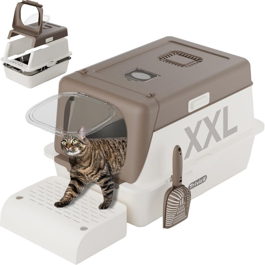Stainless Steel Cat Litter Box with Lid, XX-Large Extra Large Litter Boxes for Large Cats,Enclosed Removable Metal Kitty Litter Box with High Sided,Magnetic Door,40L Box, Litter Trap Step/Mat