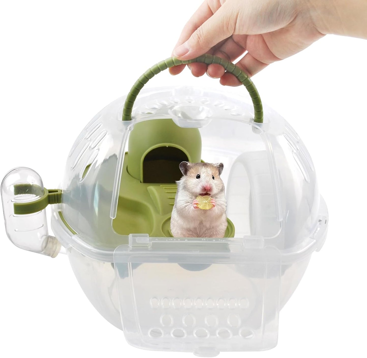 Portable Hamster Carrier Cage,Plastic Hamster Travel Carrier with Water Bottle Food Bowl,Green Lightweight Carrying Case for Small Animal Dwarf Syrian Rat Mice