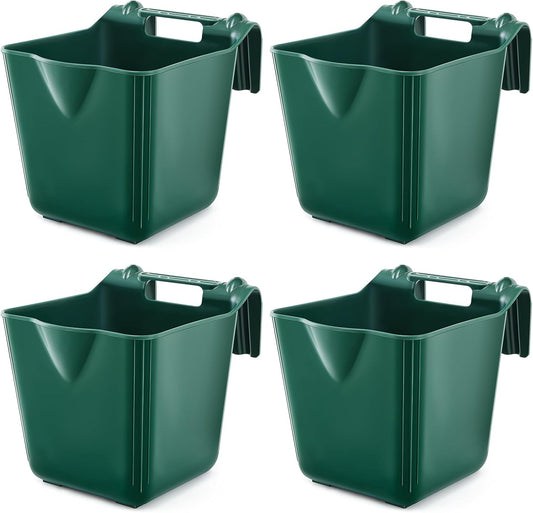 4 Pack 15 Quart Horse Feeders for Stall Hook Over Hanging Fence Hay Feeder Mountable Livestock Plastic Feed Bucket for Farm Stalls Pasture, Stable to Feed Horses Sheep Cattle Cows Etc(Green)