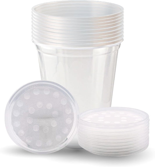 Snout and Shell Deli Cups with Fabric Vented Lids, 10 Pack - Secure Fruit Fly & Insect Cultures, Prevent Escapes & Contaminants, Easy Fruit Fly Media Preparation, Hot Liquid Safe