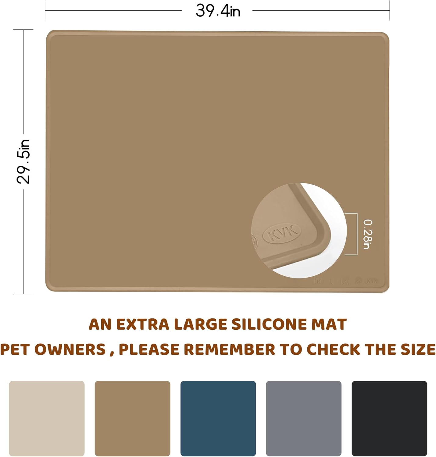 KVK Dog Food Mat, 39.4×29.5in Extra Large Silicone Pet Feeding Mat - Waterproof, Non - Slip, Chew - Resistant for Food & Water, Protect Floors (Brown)