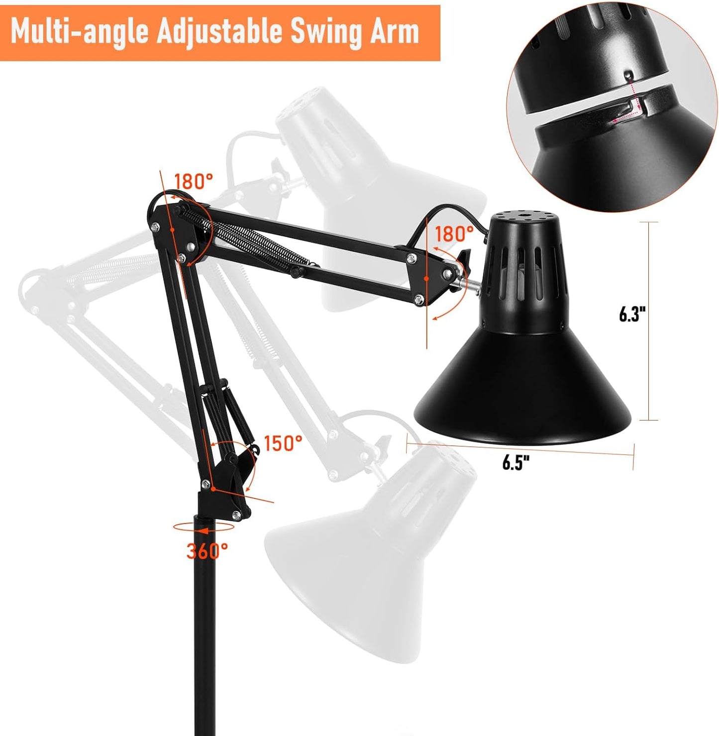 Reptile Heat lamp Reptile Light Fixture with Heat Lamp Stand,Height Range from 15.7inch to 74.3inch with 360°Adjustable Swing Arm for Bearded Dragon Turtles Snake and Chicks