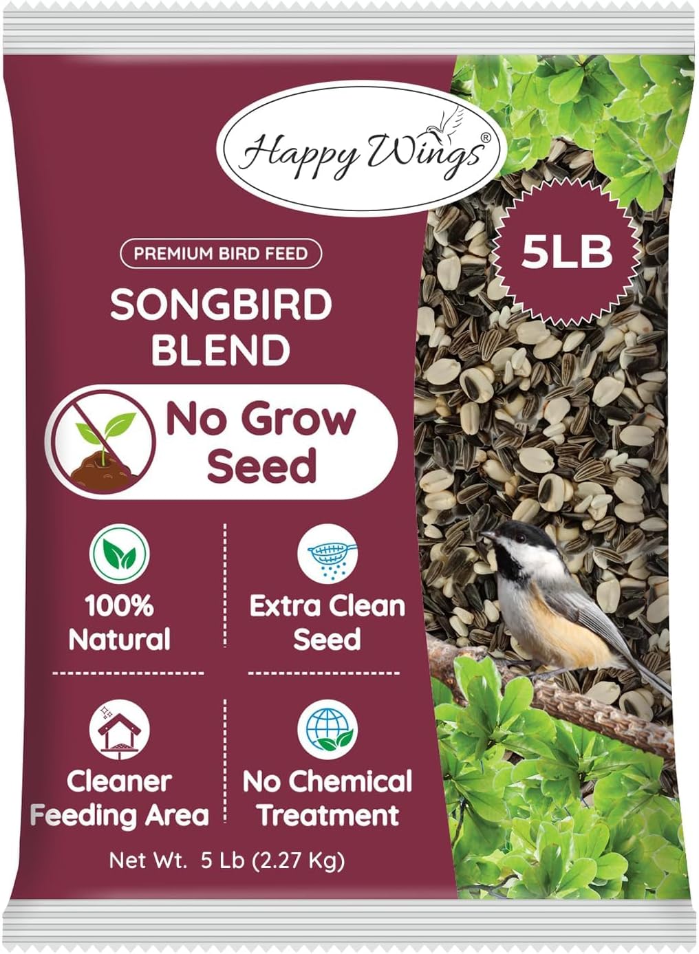 Songbird Blend Bird Food, Mix of Sunflower Seeds/Kernels, Safflower Seeds and Peanuts, 5 Pounds | No Grow Seed | Bird Seed for Wild Birds