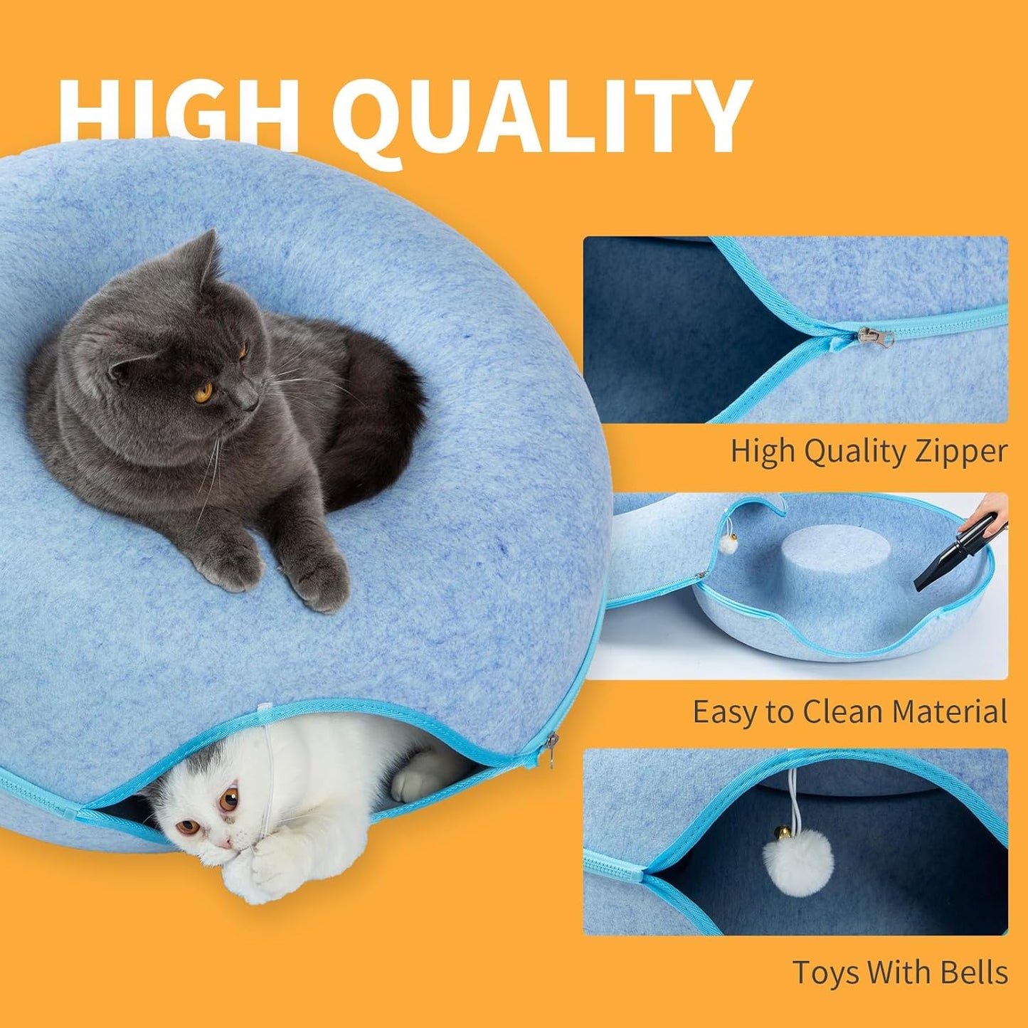 Jia Xi Cat Tunnel Bed and Hideout, Large Indoor Cat Condo with Cave (24 inch, Blue)