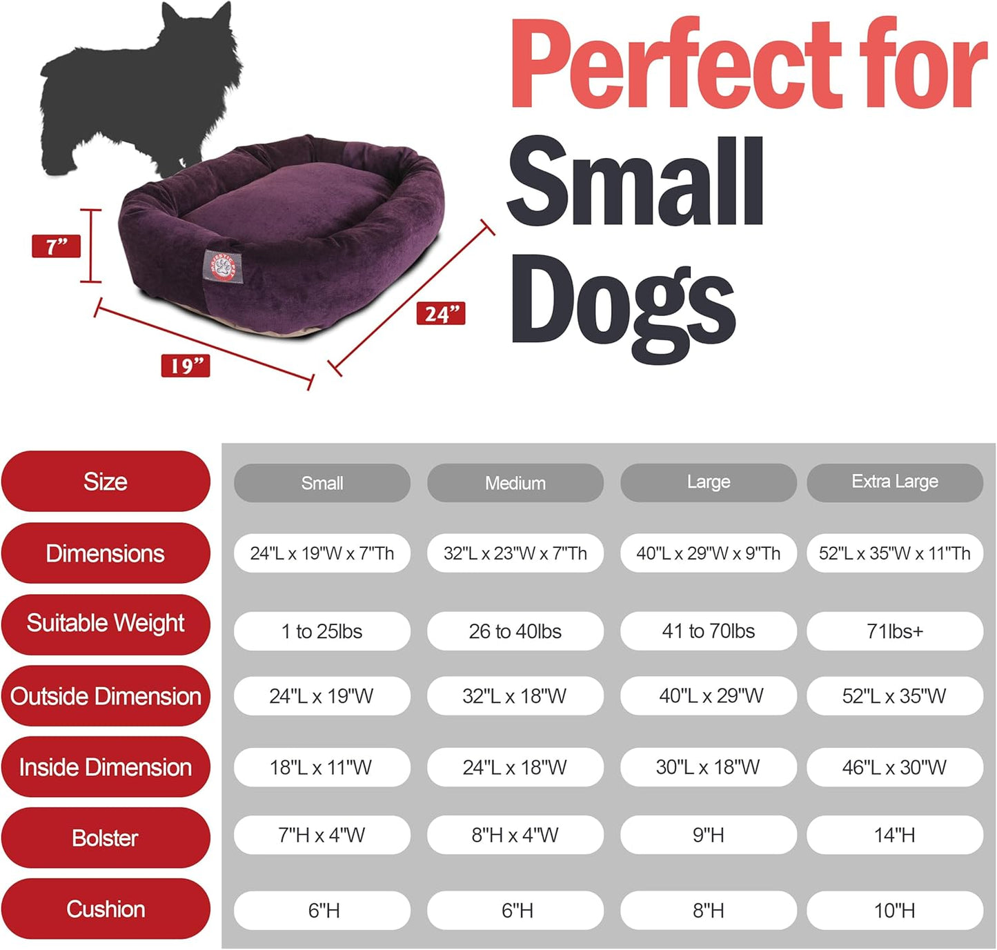 Majestic Pet 24 Inch Micro Velvet Calming Dog Bed Washable 24x19x7 (Inch) – Cozy Soft Round Donut Dog Bed with Spine for Head Support - Pet Bed Small – Aubergine