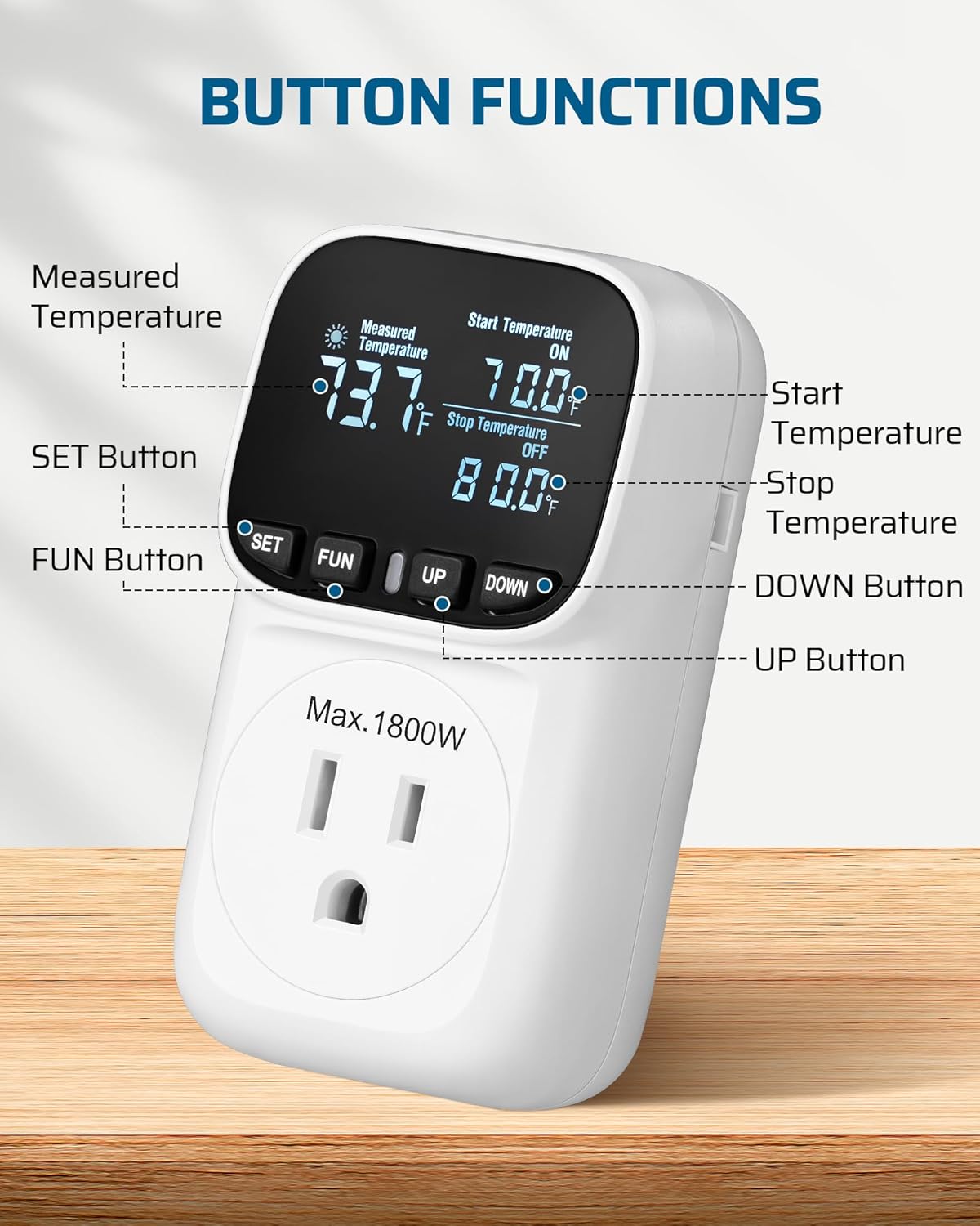 DEWENWILS Digital Temperature Controller, Heavy Duty 15A/1800W Thermostat Outlet Plug, VA Display Heating Cooling Control Timer, -40℉~210℉, Cyclic Timing/Countdown, for Greenhouse Incubator Homebrew
