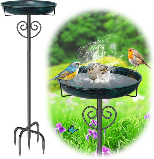 Metal Bird Bath for Outside, Freestanding Bird Bath Bird Feeder Bowl with 5-Pronged Base Stake Detachable Birdbaths Bowl for Outdoors Garden Patio Yard Lawn Decor (Vintage Green)
