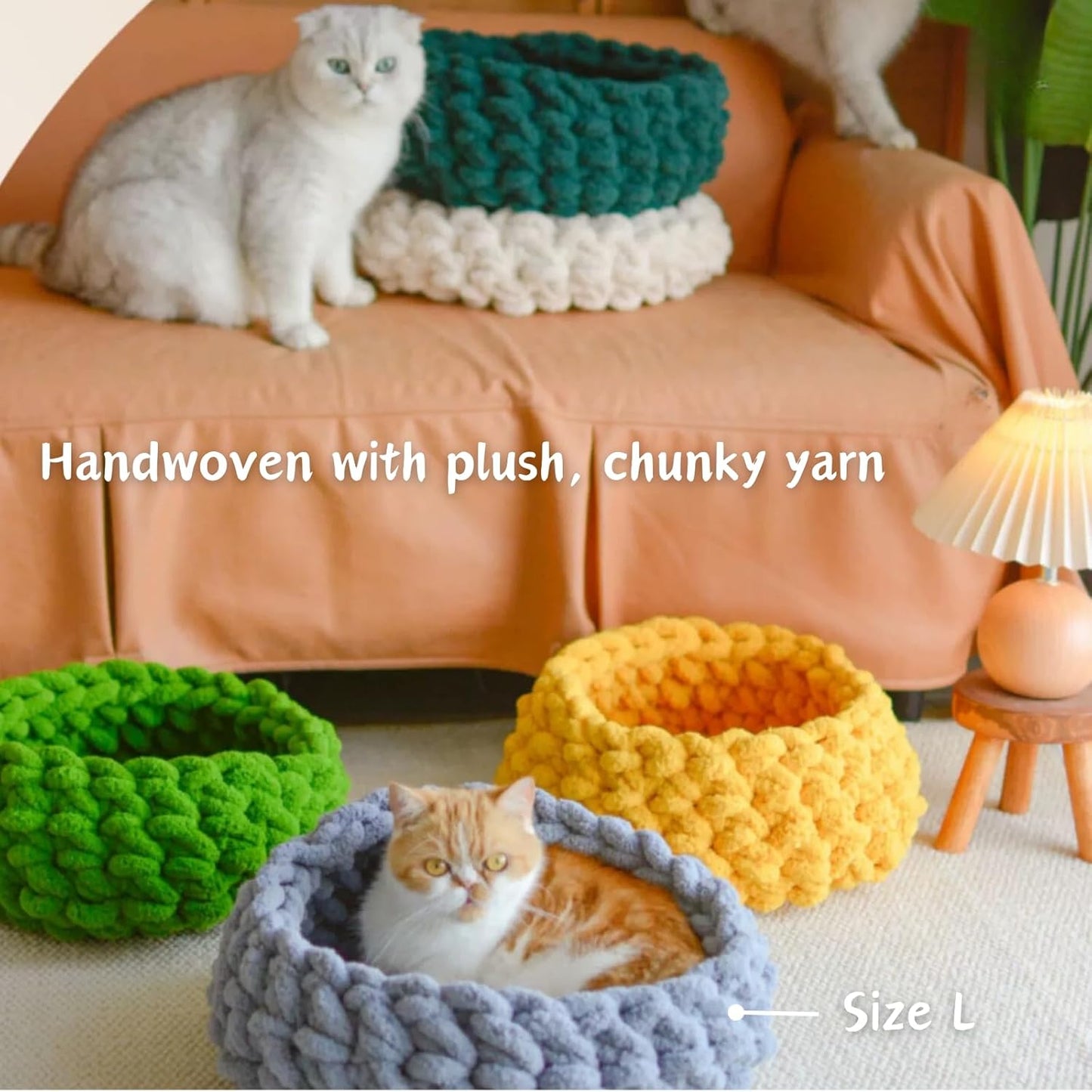 Cat Nest Bed – Premium Handwoven Washable Extra Soft Round Cave House for Indoor Kitten & Kitty, Small & Large (Persimmon Yellow,Medium)