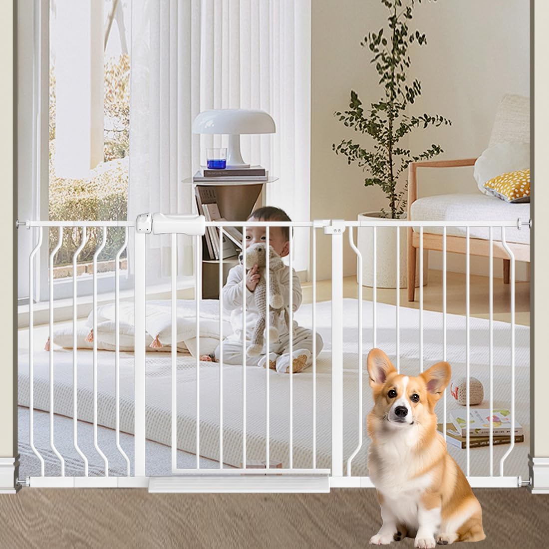 TSAYAWA Narrow Baby gate Baby Safety Gate 24.02-29Inch Auto Close Child Gates, Pressure Mounted Gate for Stairs & Doorways, Indoor/Outdoor Heavy-Duty Pet Gate for Toddlers, Dogs, White