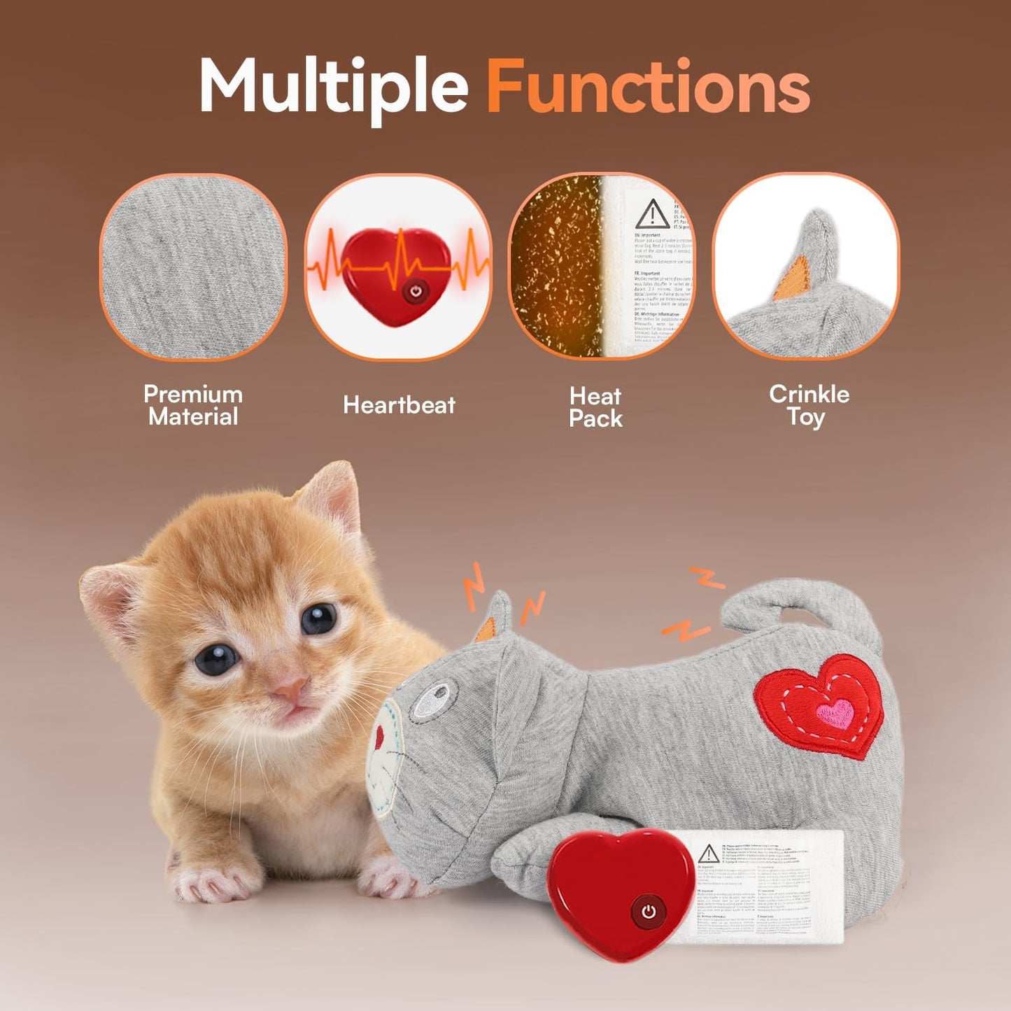 ALL FOR PAWS Heartbeat Cat Plush Toy – Calming Kitten Companion with Realistic Heartbeat, Anxiety Relief for Indoor Cats Dogs Pets