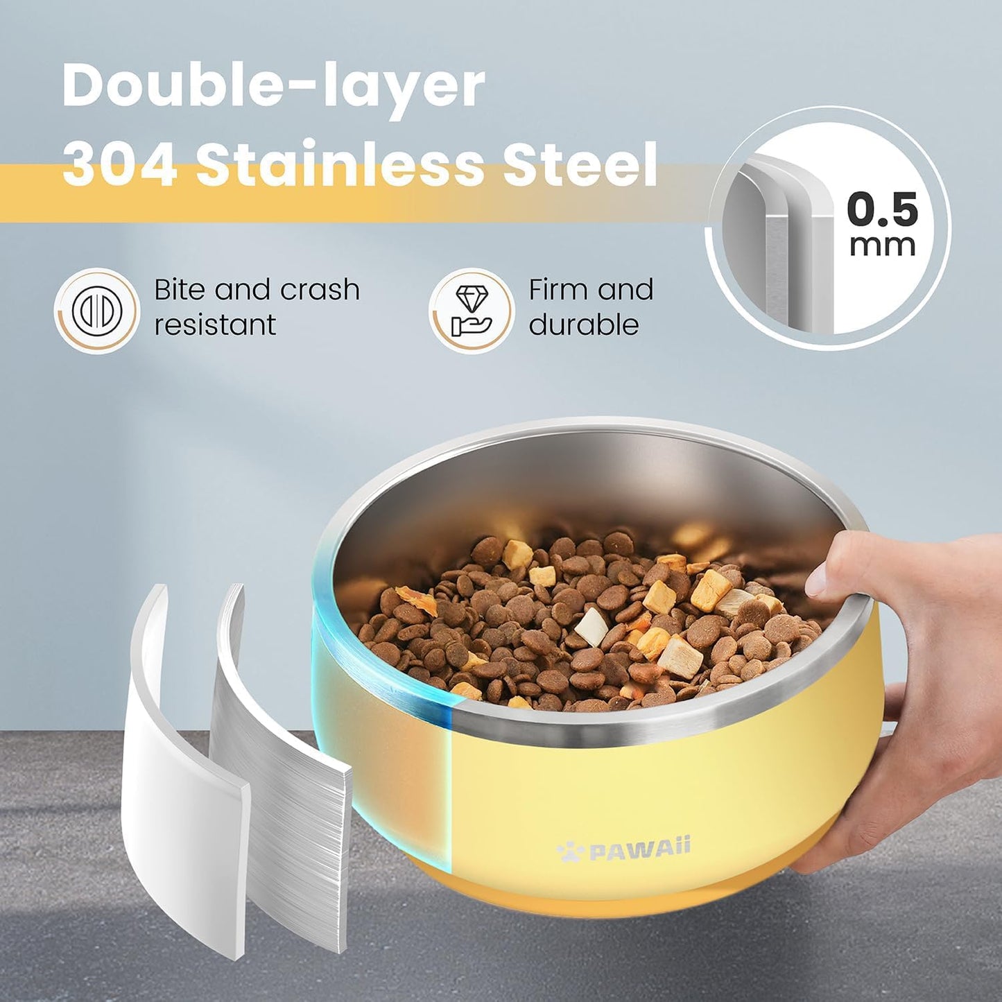 Pawaii Stainless Steel Dog Bowl with Non-Slip Rubber Base & Double Wall Insulation - Durable Design | Includes ID Tag | Dishwasher Safe Food & Water Bowl for All Dogs (34oz)