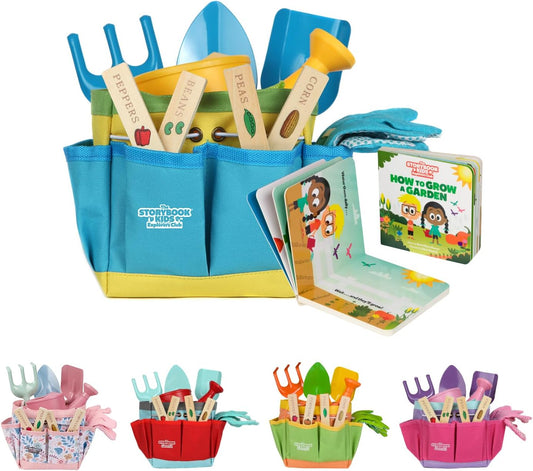 Blue Kids Gardening Tools - Includes Sturdy Tote Bag, Watering Can, Gloves, Shovels, Rake, and Delightful Children's Book - Kids Garden Tool Set -Easter Gifts for Toddler Age on up.