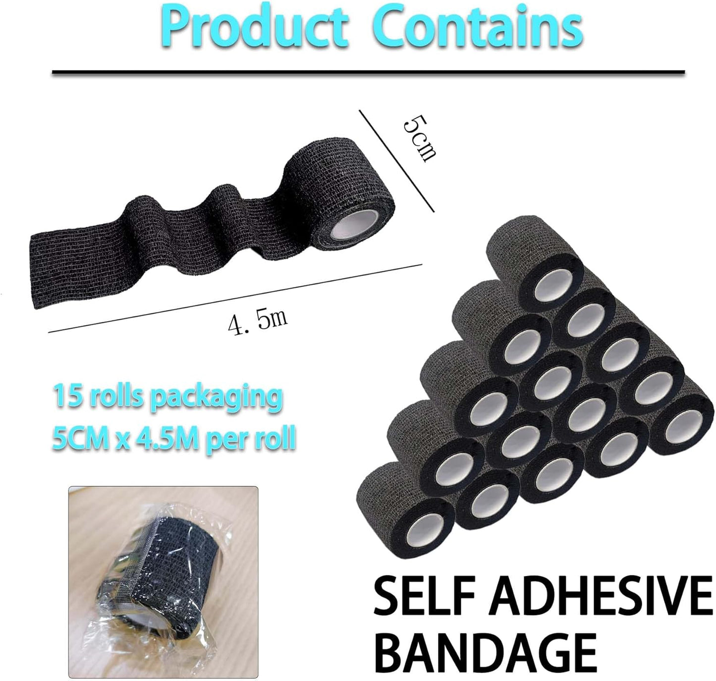 Self Adhesive Tape Wrap 15Rolls,Non-Woven Self Adherent Vet Wrap Tape,5CM x 4.5M Cohesive Bandage Tape for Wrist & Ankle,Elastic Grip Cover (Black-15ROLLS)
