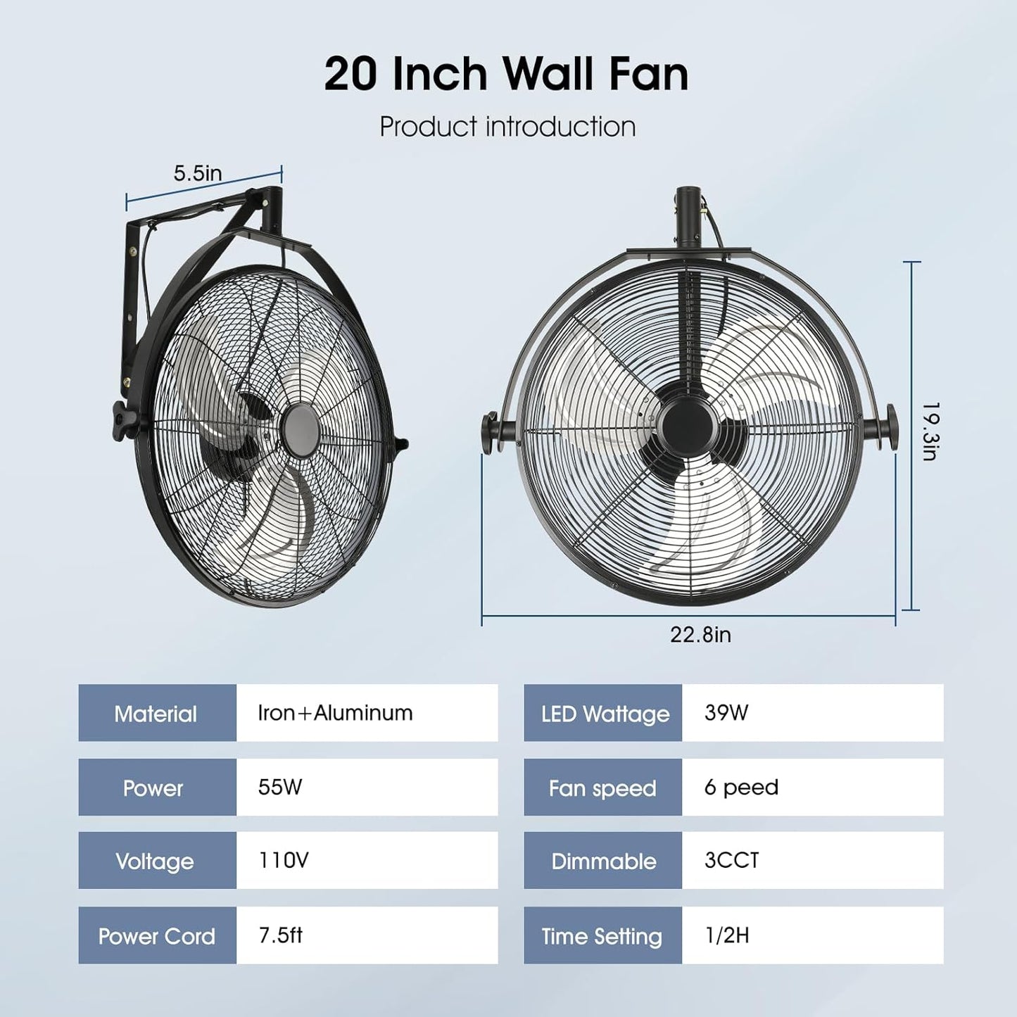 20 inch Wall Mount Fan with Lights and Remote,6-Speed Gazebo Ceiling Fan Adjustable Tilt Dimmable Wall Fan,High Velocity Industrial Outdoor Fans for Patio,Garage,Commercial,Black