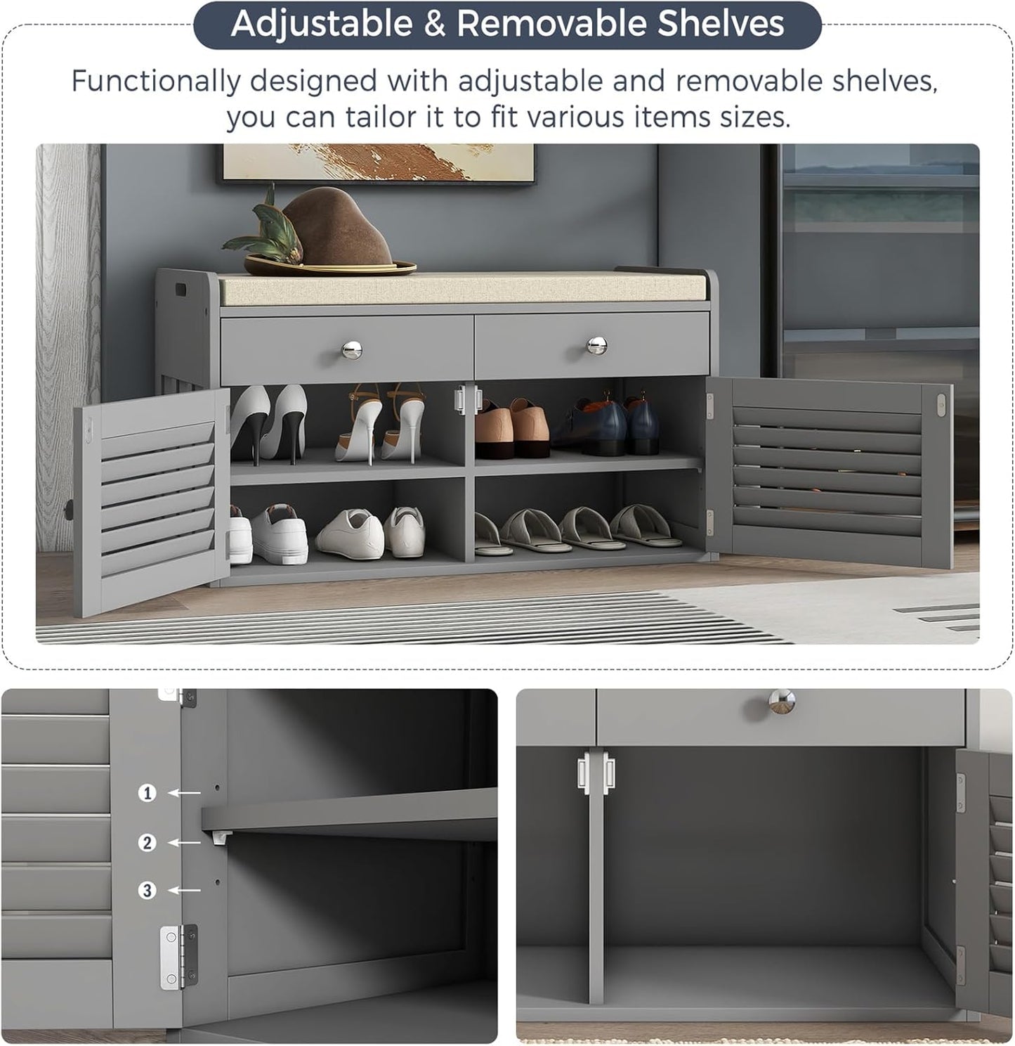 Shoe Storage Bench with 2 Drawers & 2 Doors, Entryway Bench with Cushion, 2 Adjustable Shelves, Shoe Cabinet for Entryway, Living Room, Hallway, Mudroom, Bedroom, Grey