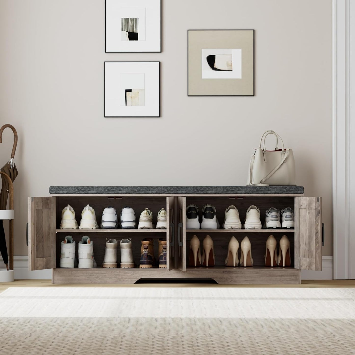 2-Tier Storage Bench, Shoe Bench with Padded Seat Cushion, Entryway Bench with 4 Barn Doors, Adjustable Shelf, 13.8" D x 47.2" W x 17.7" H, for Entryway, Living Room, Bedroom, Greige