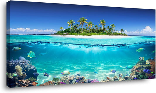 Tropical Island Coral Reef Landscape Canvas Wall Art for Living Room,Unique View Split Waterline Scenery,Beautiful Nature Summer Travel Scenic Picture Print Artwork Painting Decor,Inner Frame 24x48