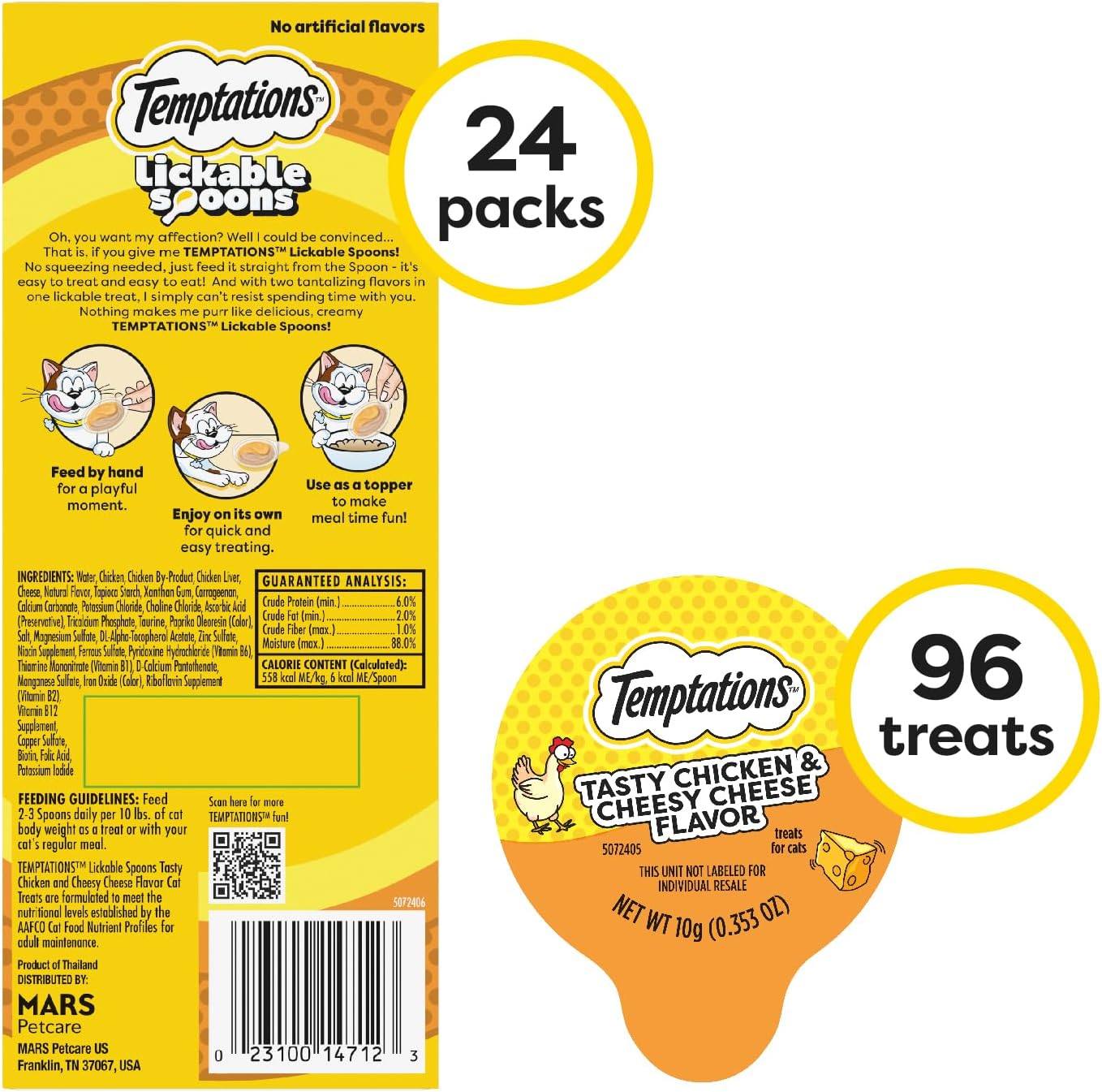 Temptations Lickable Spoons Adult Wet Cat Treat, Tasty Chicken and Cheesy Cheese Flavor, 4 Spoons, Pack of 24 (96 Total)