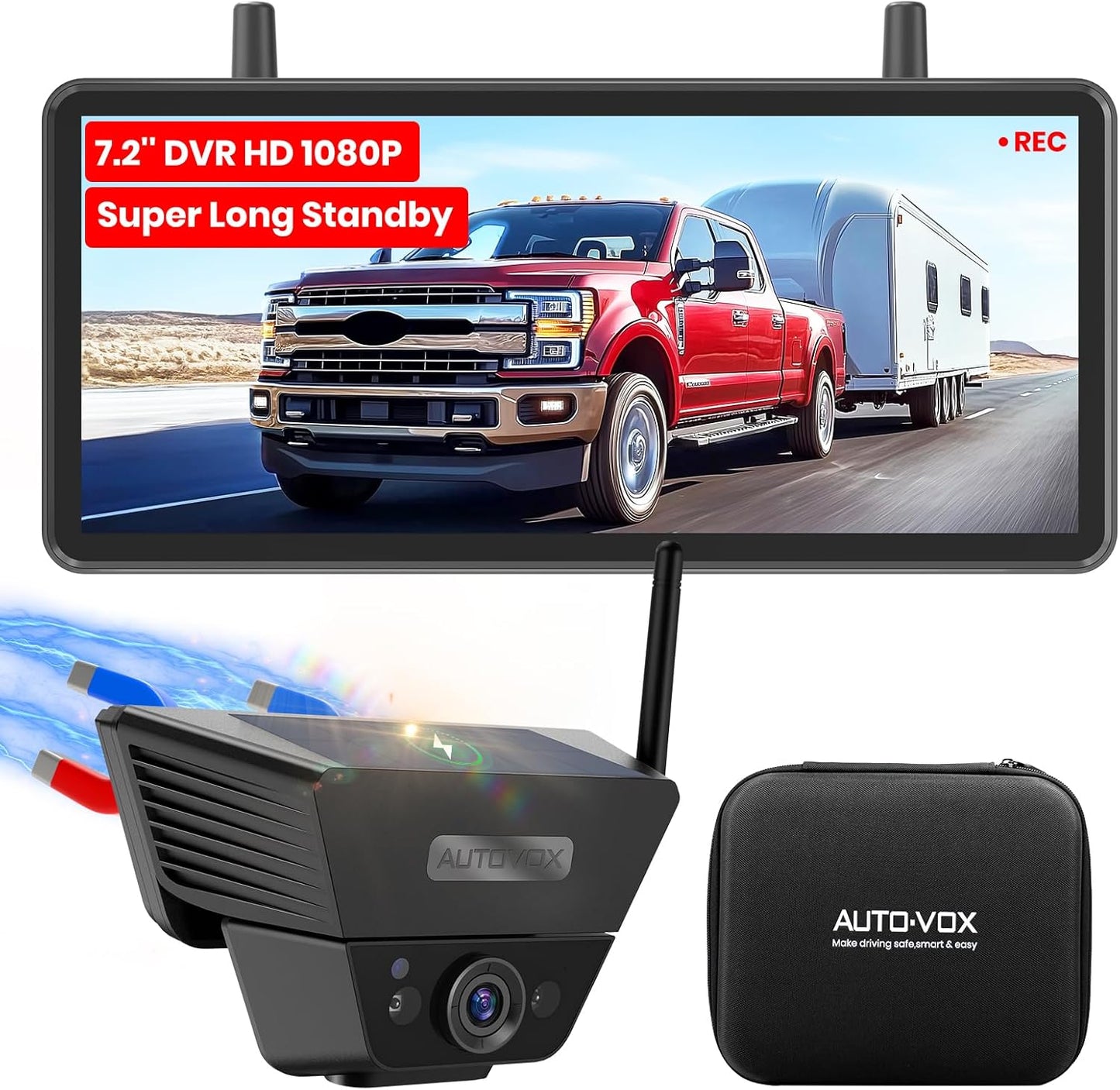 AUTO VOX Wireless Backup Camera Solar Magnetic: with 7.2" DVR 1080P 2 Split Recording Monitor, Dual Antenna Stable Signal,IP69K & 1-Min Install,HD IR Night Vision for Truck, Trailer, RV, Camper