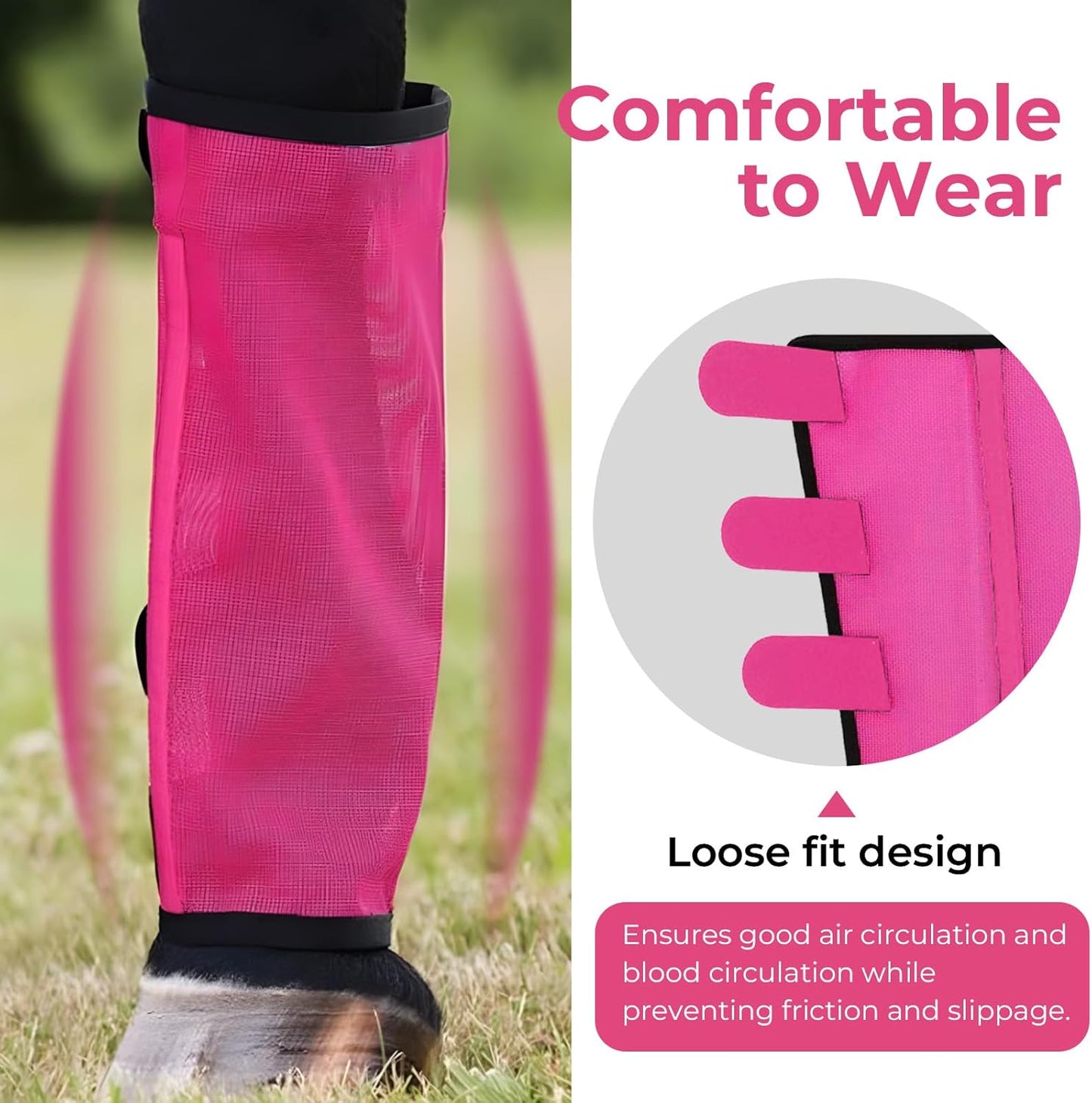 Mesh Horse Fly Boots Set of 4，Adjustable and Universal Loose Fitting & Non-Slip Horse Fly Leggings for Horses,Reduce Stressful Stomping (Pink)