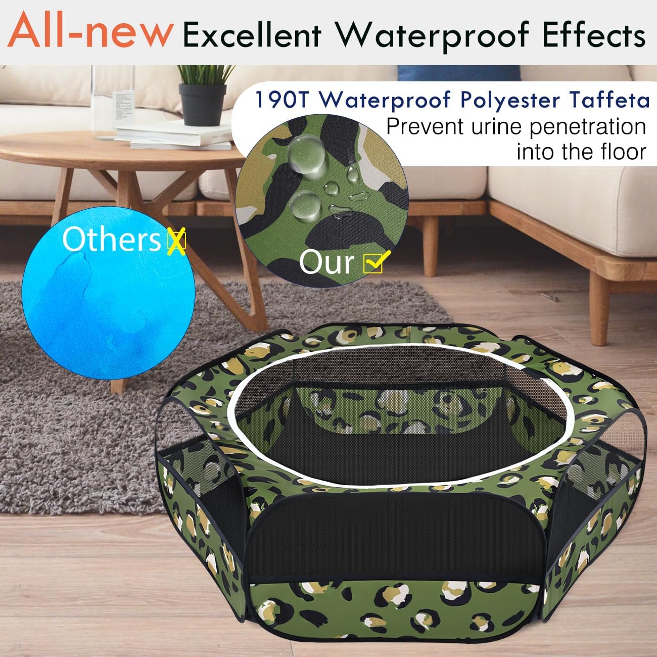 Pawaboo Small Animals Playpen, Waterproof Small Pet Cage Tent with Zippered Cover, Portable Outdoor Yard Fence with 3 Metal Rod for Chick/Kitten/Puppy/Guinea Pig/Rabbits/Hamster, Leopard Print