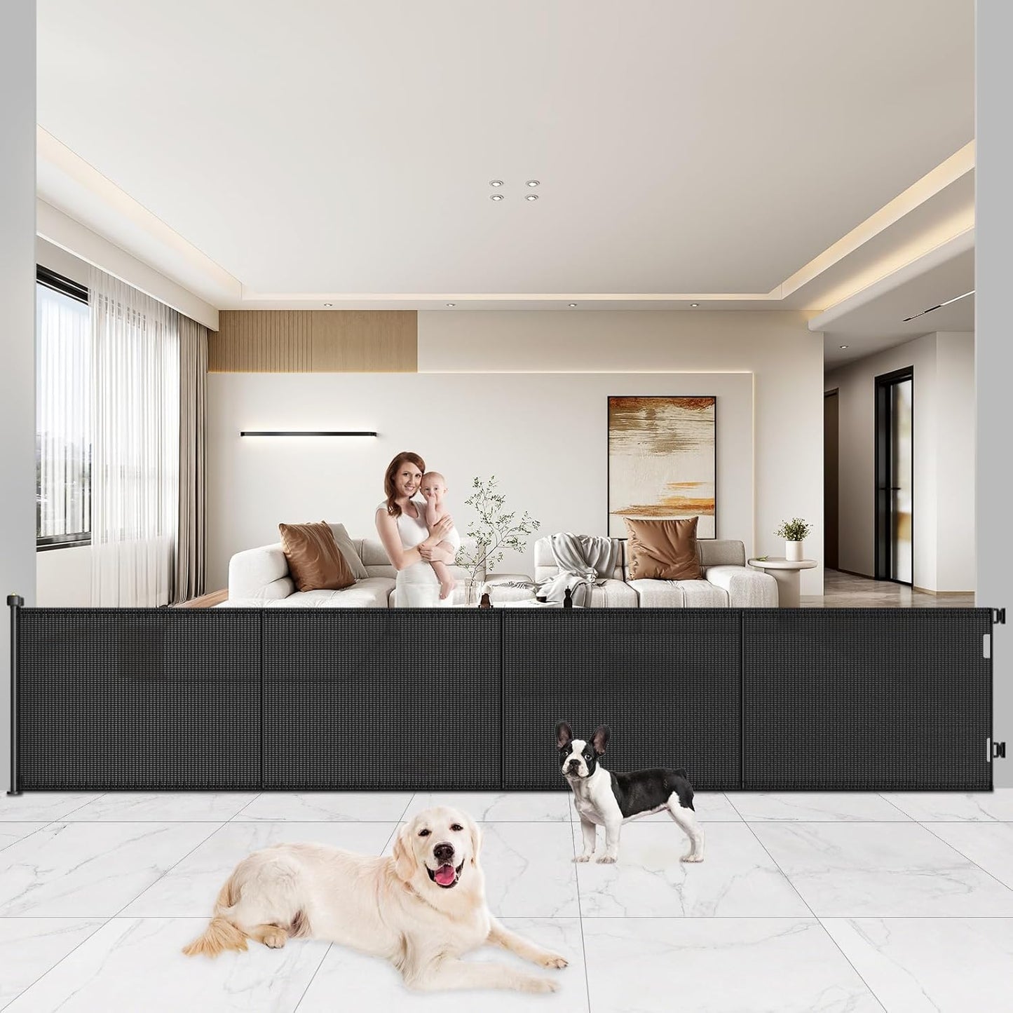 Pawtners Retractable Baby Gates Extra Wide, 41" Tall Extends up to 200" Wide, Dog Gate Indoor for Stairs, Pet Gate with Support Rods for Doorways Hallways Garage Indoor & Outdoor-Black