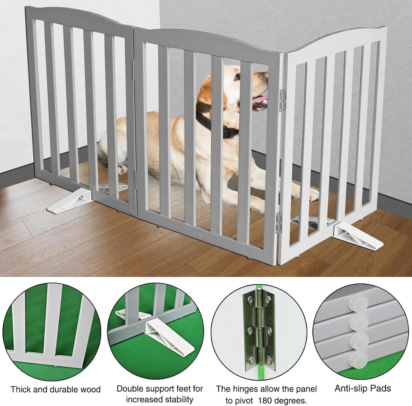 ZJSF Foldable Freestanding Indoor Dog Gate for House Wood Long Pet Gates Dog Fence for Stairs Puppy Gates for Hallways, Puppy Gate,Support Feet Included, Grey, 32 "Height-3 Panels