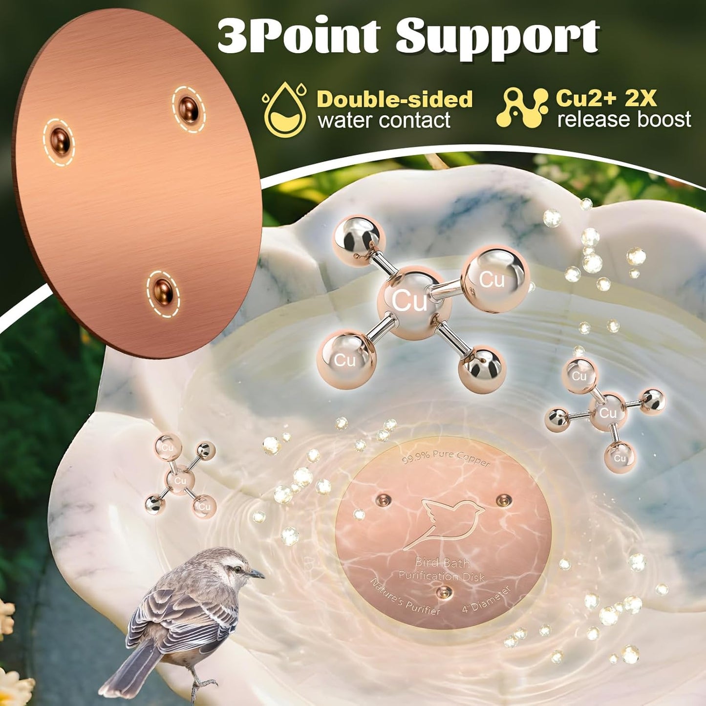 NNG 2 Pack Bird Bath Copper Disk,1mm Thick Reinforced 99.9% Pure Copper Bird Bath Purification Disk with Triple-Point Support,Physical Safe Water Cleaner for Outdoor Birdbaths Bowls,All-Season Use