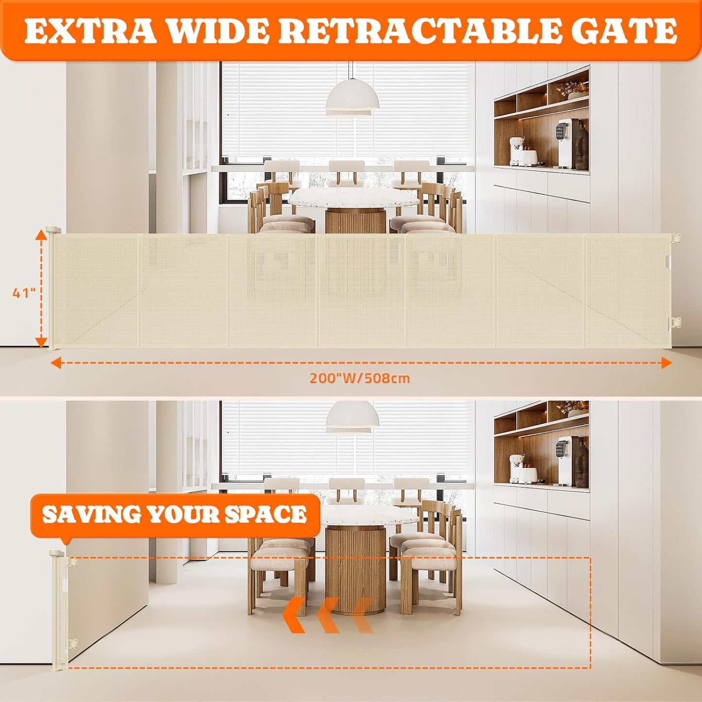 Upgrade 200" Retractable Baby Gates Extra Wide with Reinforced Strips, Mesh Retractable Dog Gate for Garage, 41" Tall Retractable Gate Indoor Outdoor for Pet and Baby-Beige