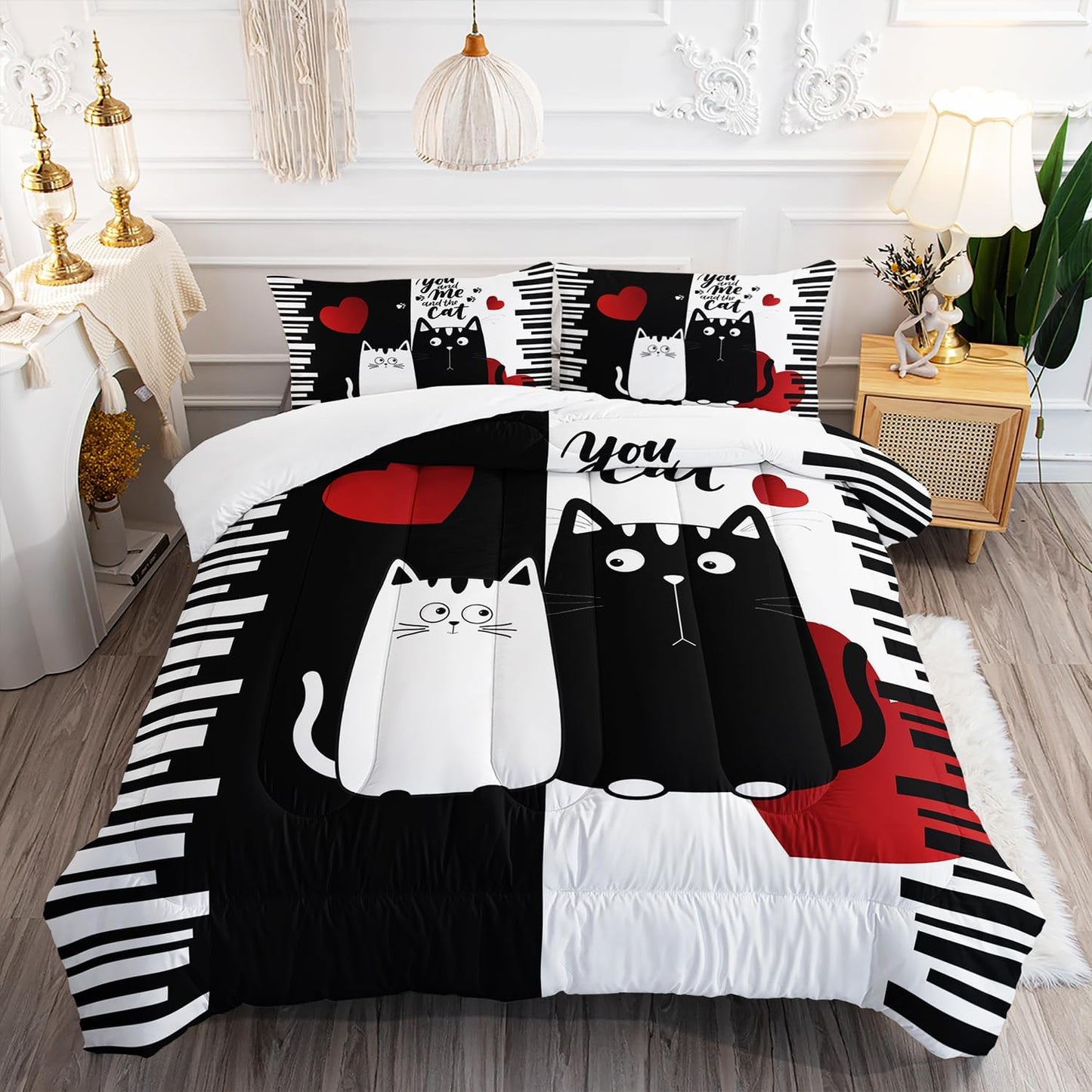 Kawaii Pet Cat Themed Comforter 3Pcs Queen Lover's Kitten Animal Bedding Set for Cat Lover Kid Teen Girl Boy Black White Cat Heart Pattern Quilt Bed Decor with 1 Comforter and 2 Pillowcases