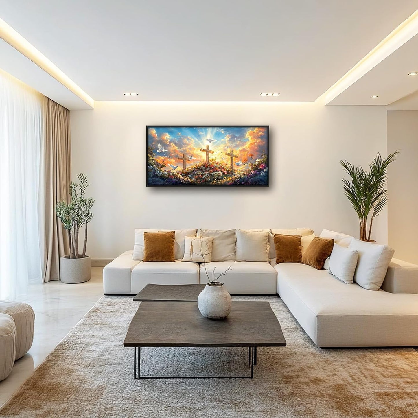 Framed Large Christian Jesus Wall Art, Oversized Floral Dove Wall Decor for Living Room, Landscape Canvas Painting Peaceful Pictures Modern Artwork for Living Room Bedroom Office 60"x30"