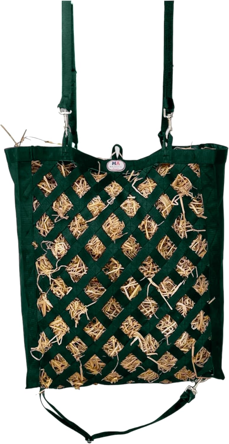 Majestic Ally Premium Nylon Hay Bag for Horses and Livestock, Simulates Grazing, Slow Feeding, Heavy-Duty PP Webbing,Quick-Adjust Straps, Small Hole for Digestion, Multiple Colors (Hunter Green)