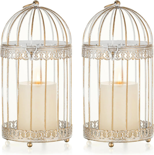 NUPTIO Decorative Bird Cage Lantern: 2 Set of 10 inch Tall Rustic White Birdcage Lanterns Centerpiece Vintage Decorating Metal Pillar Candle Holder for Christmas Bridal Shower Party Decor