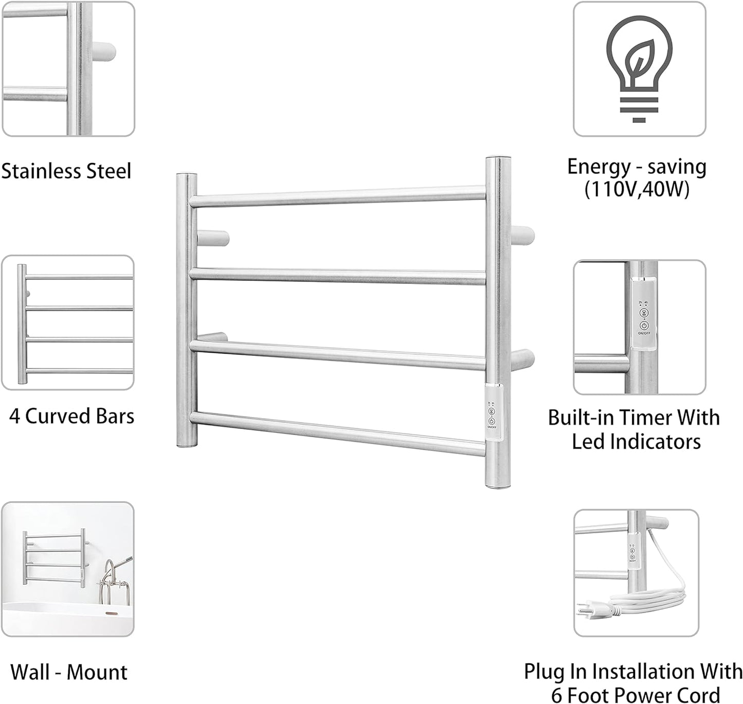 KEG Towel Warmer Wall Mounted with Built-in Timer 4 Bars Electric Stainless Steel Heated Towel Racks for Bathroom, Hot Plug-in Bath Towel Heater Brushed Nickel