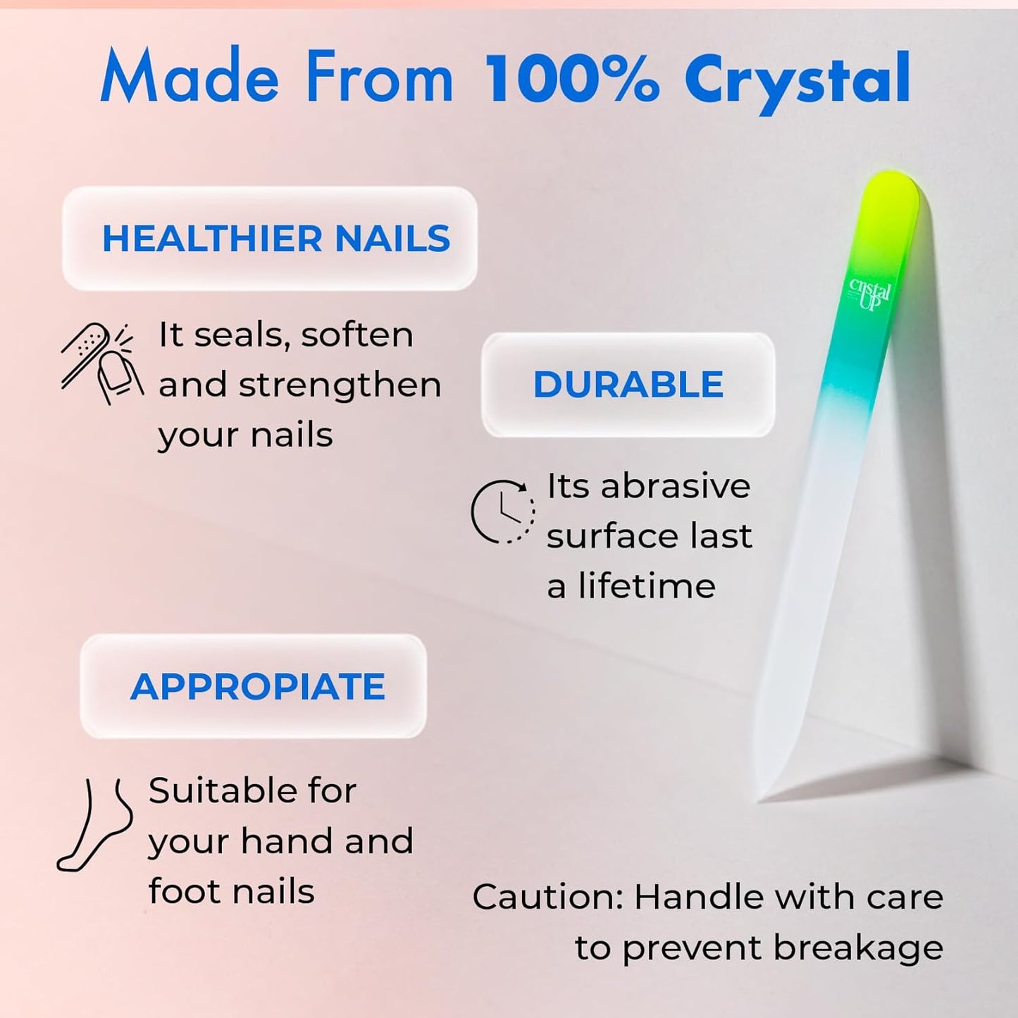 Starter Crystal Care Set - 3PC Includes Glass Foot Scraper, Medium Crystal File, and Cuticle Stick for Natural Nails, Glass File Kit
