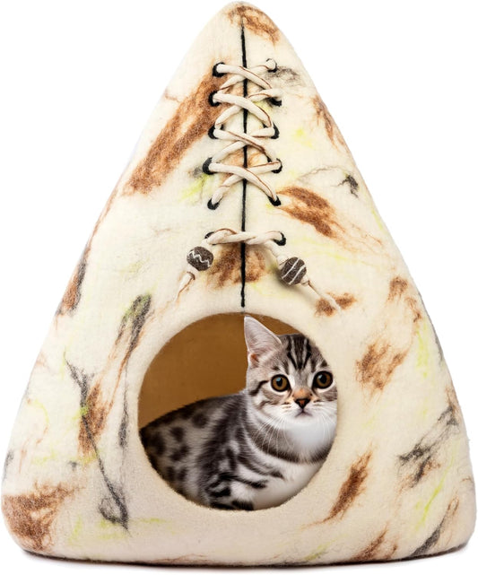 Luxurious Eco-Friendly Merino Wool Cat Cave Bed Teepee Design - Foldable Hideaway Pod for Indoor Cats - Premium Felt Kitten Beds - Covered Cat House for Ultimate Cozy Comfort by Woolygon
