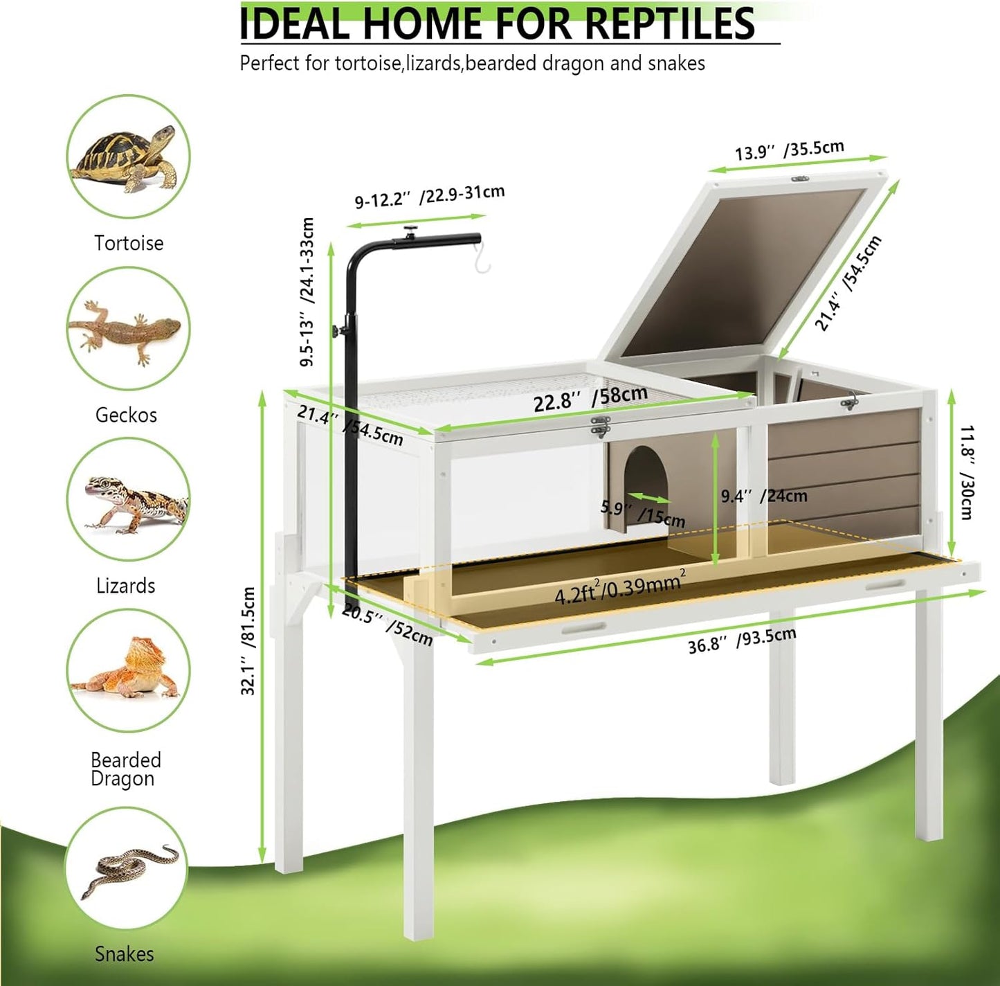 Tortoise Habitat with Adjustable Lamp Holder, Turtle Enclosure Indoor/Outdoor, Wooden House for Small Animals, Large Reptile Terrarium Table with Detachable Legs (New White)
