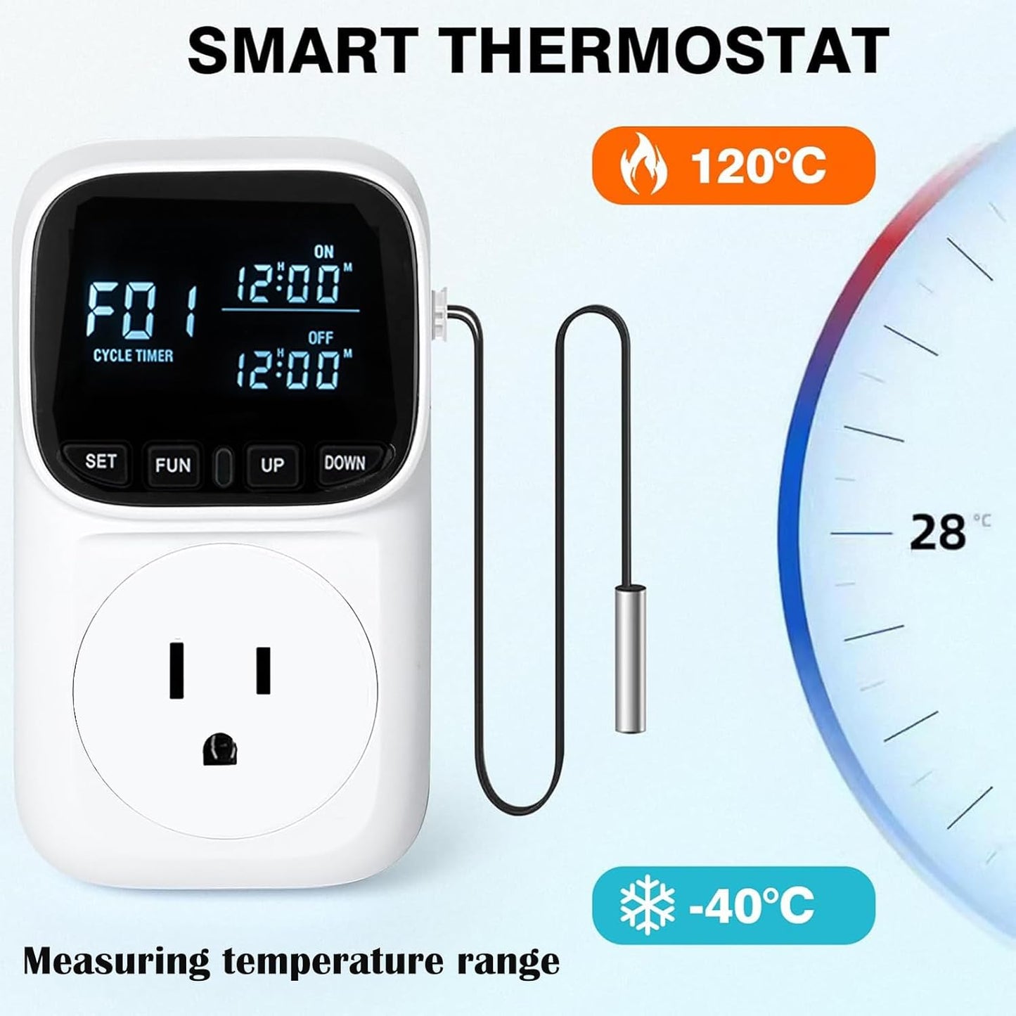 KABASI Digital Temperature Controller, Only Fahrenheit Dispaly Heavy Duty 15A Thermostat Outlet with Sensor, Heating Cooling Control Timer Plug Socket for Greenhouse Refrigerator Terrarium Aquarium