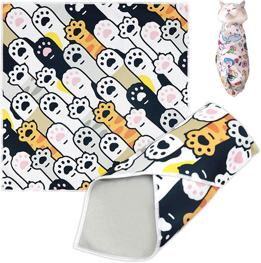Cat Grooming Wrap, Cat Wrap Self-Adherent, Anti-Scratch Anti-Bite, Anti-Escape Grooming Bag for Cats Nail Clipping, Ear Cleaning, and Teeth Brushing (19.7 × 19.7" Paw Prints)