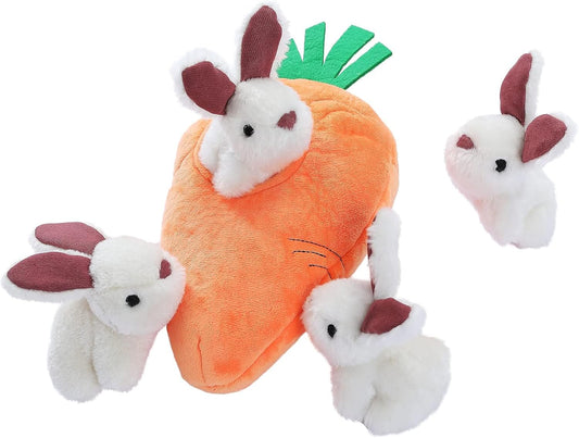 Amazon Basics Interactive Hide and Seek Squeaky Dog Plush Toy, Rabbit and Carrot, Orange and White, 5-Pack